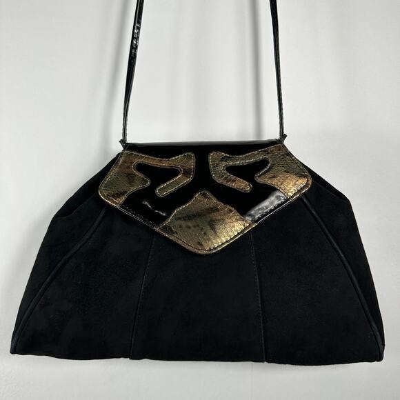 Vintage 1980s Jasmin Hong Kong Suede Snakeskin Leather Shoulder Bag Black Gold - Picture 11 of 16